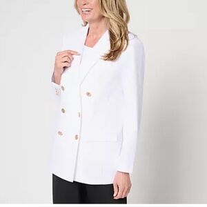Dennis Basso Regular Double Breasted Blazer Button Detail Pockets White X-Small